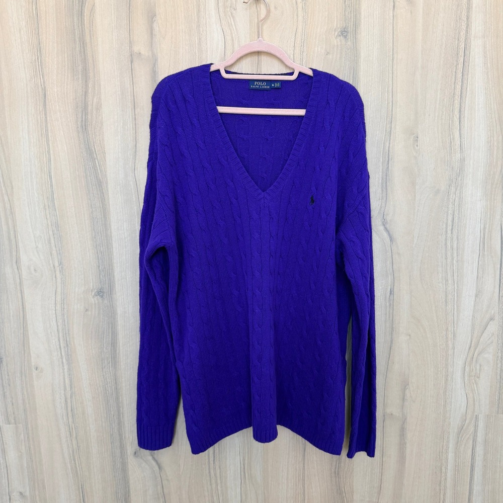 Vintage Ralph Lauren Wool Cashmere Sweater XL Purple Cable Knit Old Money Preppy